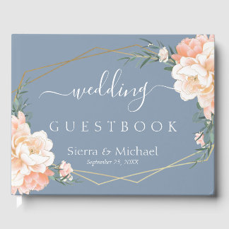 Elegant Floral Peach Cream Gold Dusty Blue Wedding Guest Book