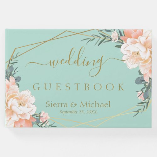 Elegant Floral Peach Cream Gold Mint Green Wedding Guest Book
