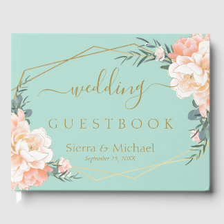 Elegant Floral Peach Cream Gold Mint Green Wedding Guest Book