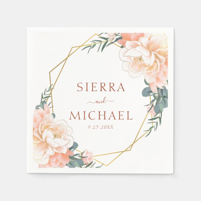 Elegant Floral Peach Gold Terracotta Wedding Napkins (Front)