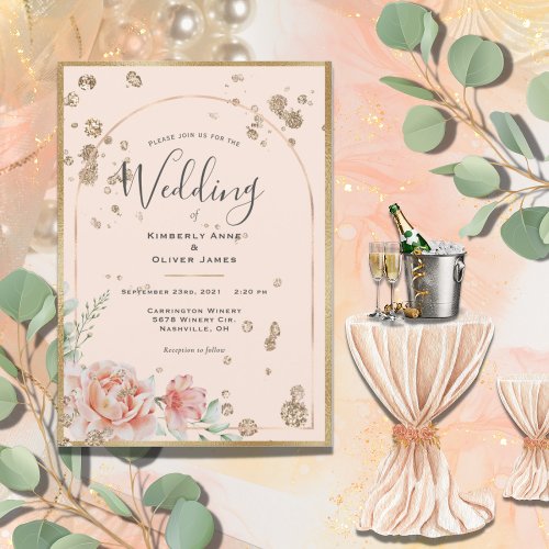 Elegant Floral Peach Gold Wedding Invitation