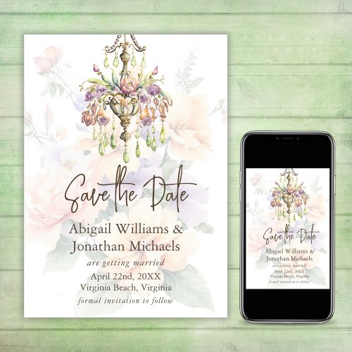 Elegant Floral Peach Purple Sage Green Wedding Save The Date