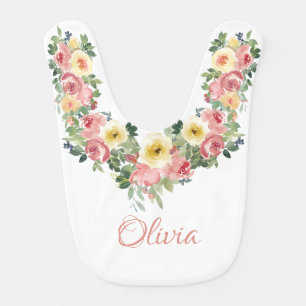 Elegant Floral Peach Watercolor Baby Girl Baby Bib