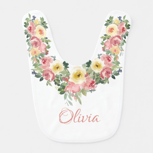 Elegant Floral Peach Watercolor Baby Girl  Baby Bib (Front)
