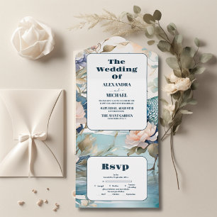 Elegant Floral Peacock Chinoiserie Wedding All In One Invitation