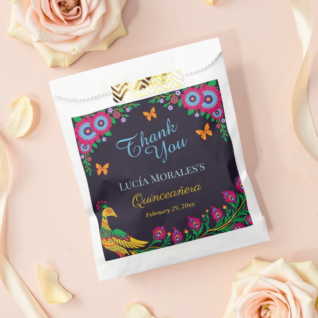 Elegant Floral Peacock Folk Art Fiesta Quinceanera Favor Bag (Creator Uploaded)