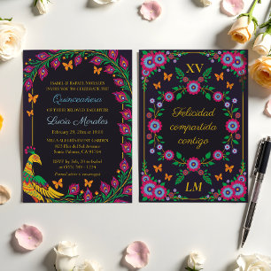Elegant Floral Peacock Folk Art Fiesta Quinceanera Invitation