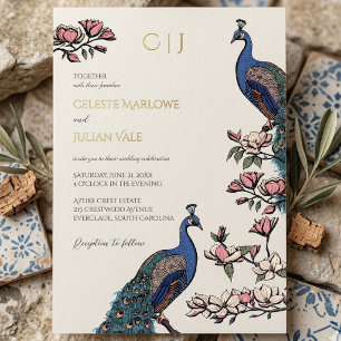 Elegant Floral Peacock Gold Wedding Foil Invitation
