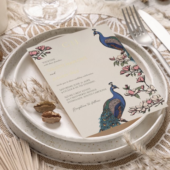 Elegant Floral Peacock Gold Wedding Foil Invitation (Real Gold Foil Elegant Rustic Peacock on Magnolia Tree. Hand-Drawn Modern Chinoiserie Style in Ivory)