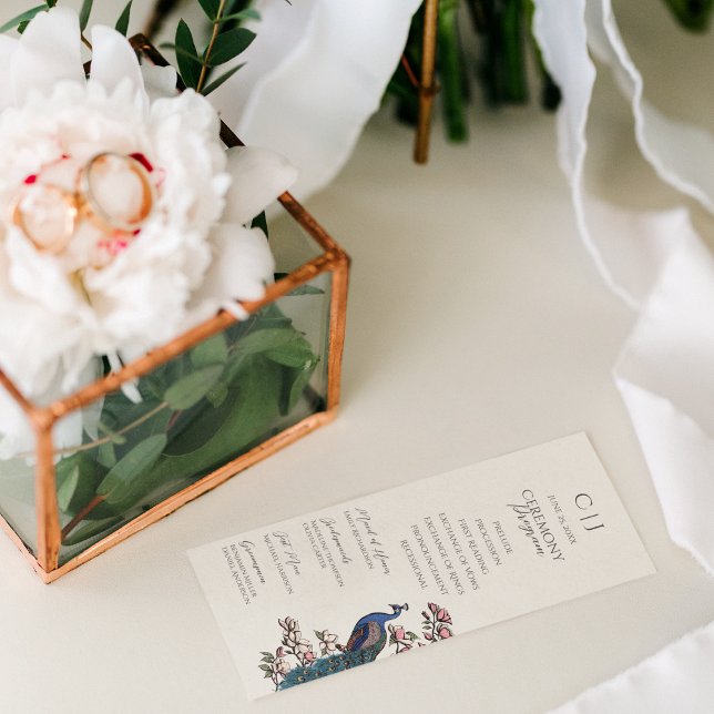 Elegant Floral Peacock Order of Service Programs (Elegant Ivory Floral Wedding Ceremony Program. Modern  Hand-Drawn Rustic Peacock, Magnolia Flowers. )