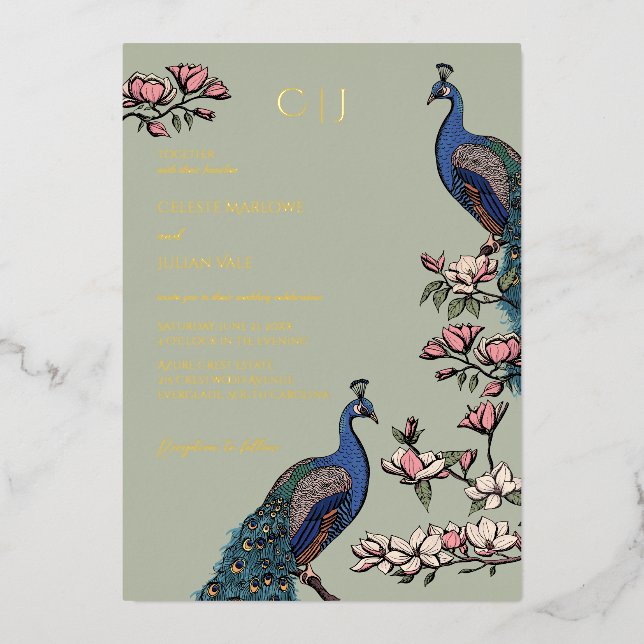 Elegant Floral Peacock Wedding Foil Invitation (Front)