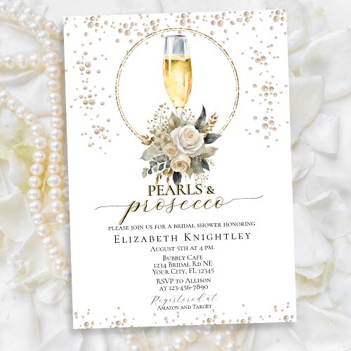 Elegant Floral Pearls  Prosecco Bridal Shower Invitation