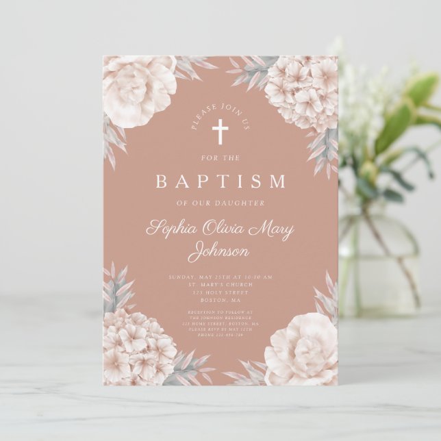 Elegant Floral Peonies Cross Girl Baptism Invitation (Standing Front)