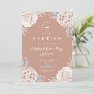 Elegant Floral Peonies Cross Girl Baptism Invitation