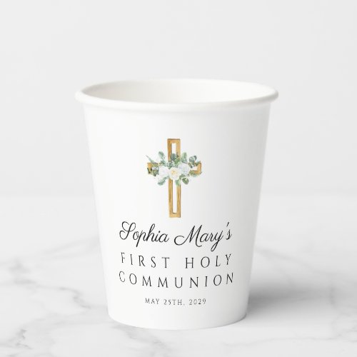 Elegant Floral Peonies First Communion Paper Cups
