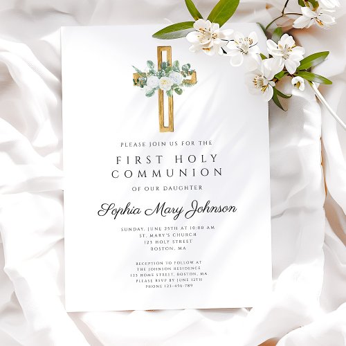 Elegant Floral Peonies Girl First Communion Invitation