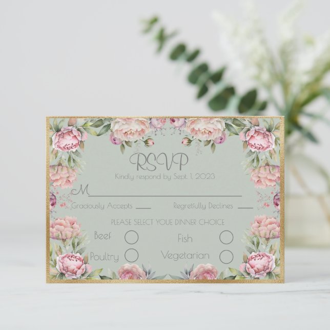 Elegant Floral Peonies Gold Script Wedding RSVP Card (Standing Front)