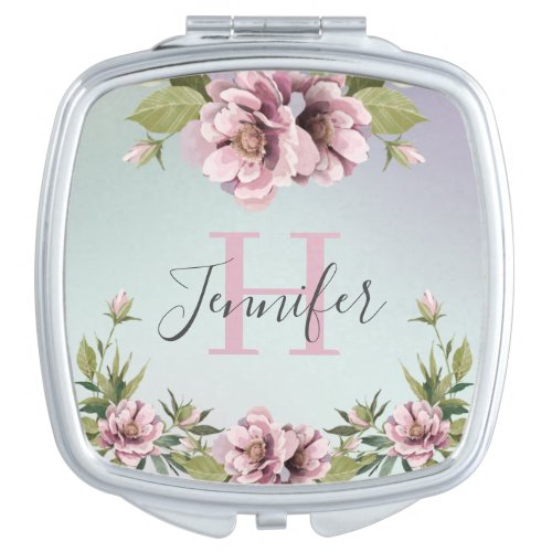 Elegant floral peonies  leaves custom monogram compact mirror