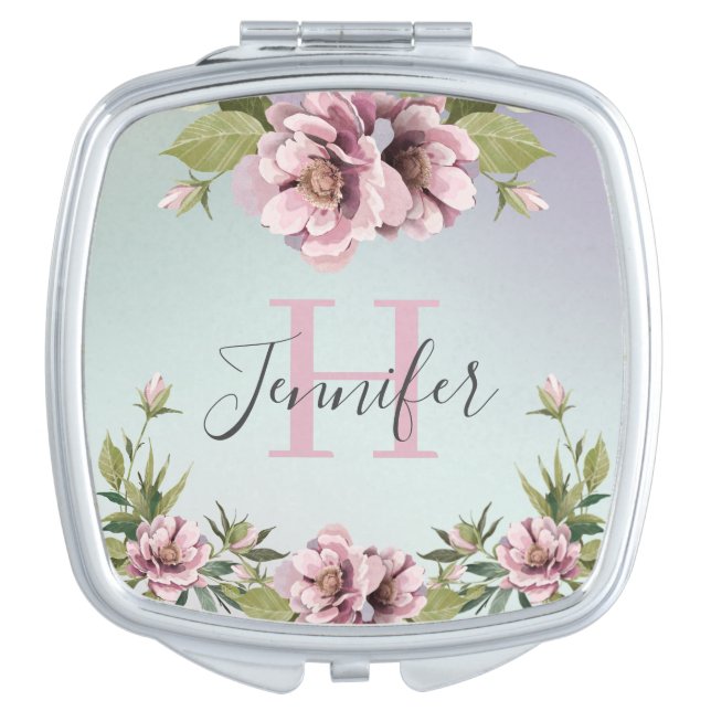 Elegant floral peonies & leaves custom monogram compact mirror (Front)