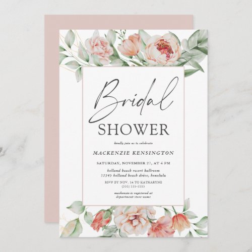Elegant Floral Peony Blush Script Bridal Shower Invitation