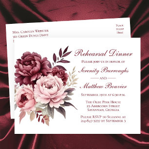 Elegant Floral Peony Burgundy Wedding Rehearsal Invitation Postcard
