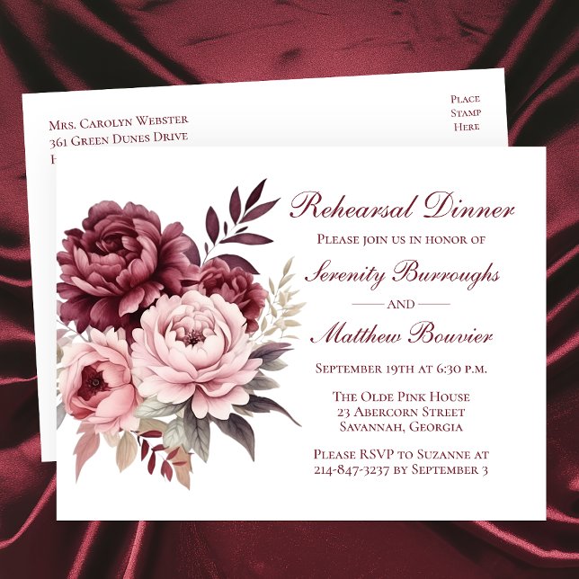 Elegant Floral Peony Burgundy Wedding Rehearsal Invitation Postcard (Creator Uploaded)