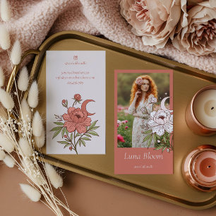 Elegant Floral Peony Celestial Holistic Moon Photo Business Card