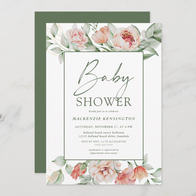 Elegant Floral Peony Greenery Script Baby Shower Invitation (Front/Back)