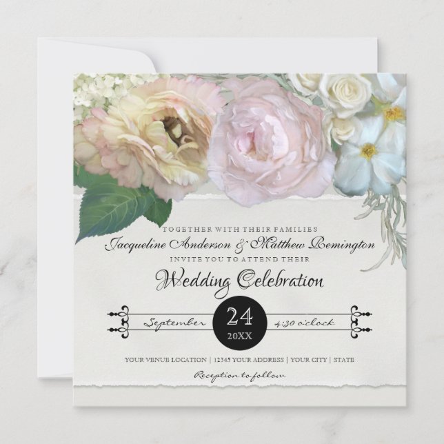 Elegant Floral Peony Hydrangea Rose Flower Wedding Invitation (Front)
