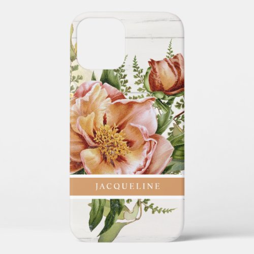 Elegant Floral Peony Pink Burgundy Terracotta Wood iPhone 12 Case