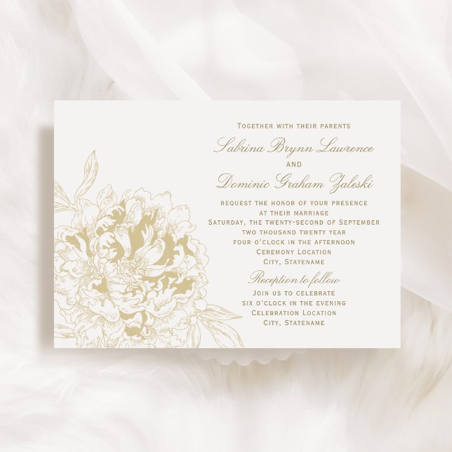 Elegant Floral Peony Wedding Champagne Gold Invitation