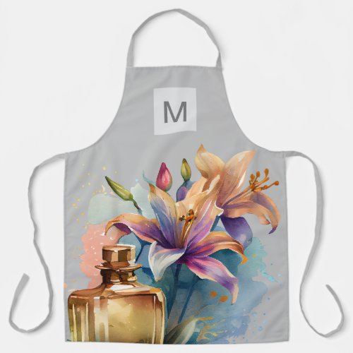Elegant Floral Perfume Bottle Blush Grey Kitchen  Apron