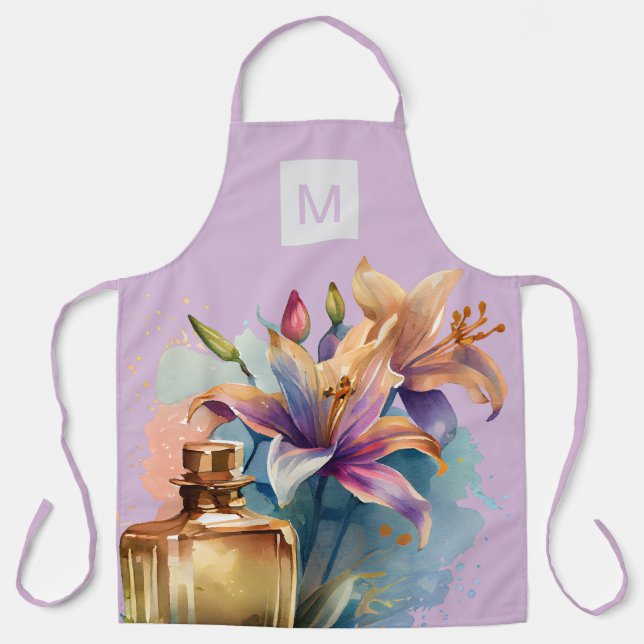 Elegant Floral Perfume Bottle Violet Kitchen  Apron (Front)