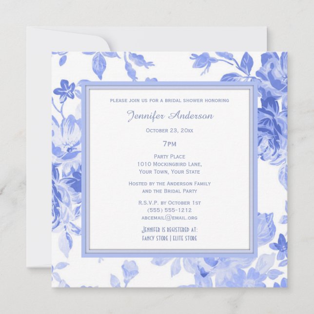 Elegant Floral Periwinkle Blue Bridal Shower Invitation (Front)