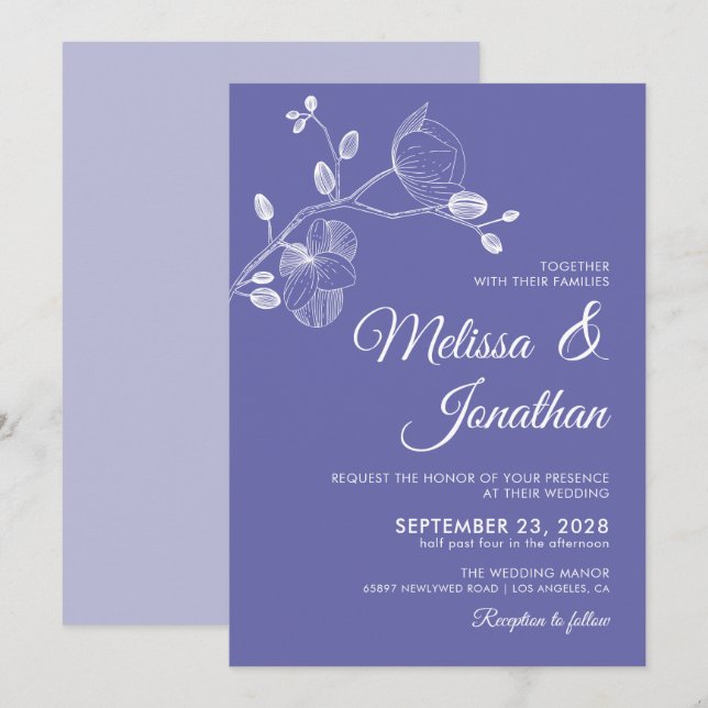 Elegant floral periwinkle white orchids wedding invitation (Front/Back)