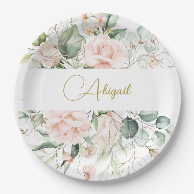 Elegant Floral Personal Pink Roses  Paper Plates (Front)