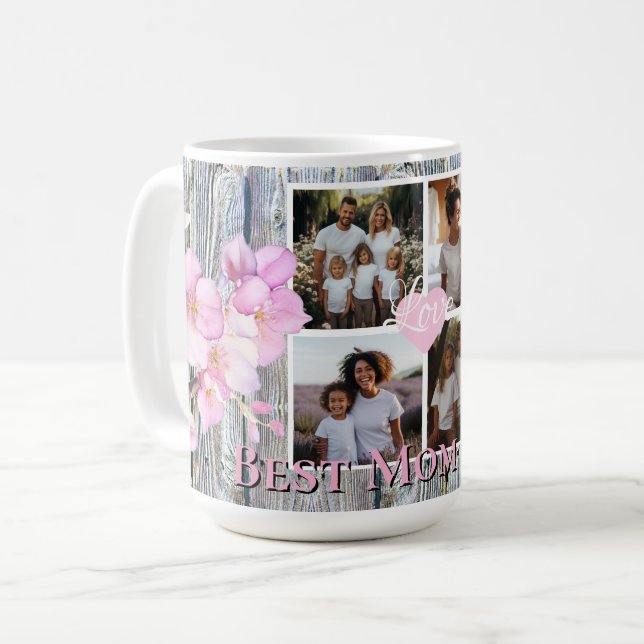 Elegant floral Personalized 4 photo Best Mom  Coffee Mug (Front Left)