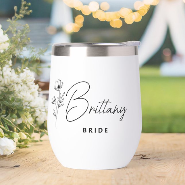 Elegant Floral Personalized Bride Thermal Wine Tumbler (Personalized Bride Wine Tumbler, Gifts for the Bride & Groom, Newlyweds, Bridal Shower, Engagement)