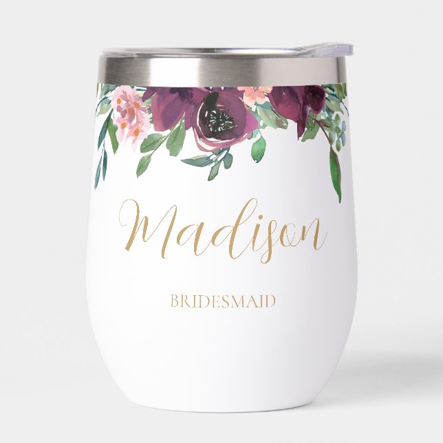 Elegant Floral Personalized Bridesmaid Proposal Thermal Wine Tumbler (Left)