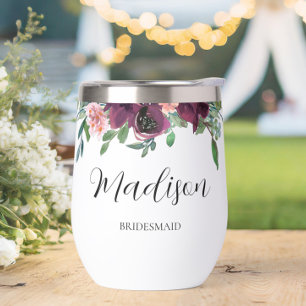 Elegant Floral Personalized Bridesmaid Proposal Thermal Wine Tumbler