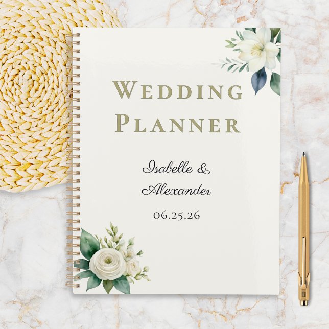 Elegant Floral Personalized Couple Names Wedding Planner (A chic, spiral-bound wedding planner, with white floral motifs, script couple names and wedding date)