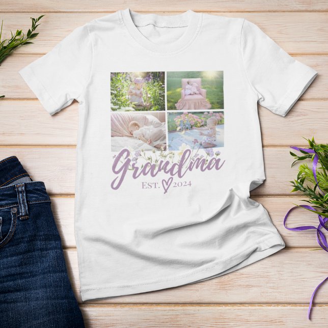 Elegant Floral Personalized Grandma Photo T-Shirt (White "Grandma 2024" t-shirt with baby photo collage on wood.)