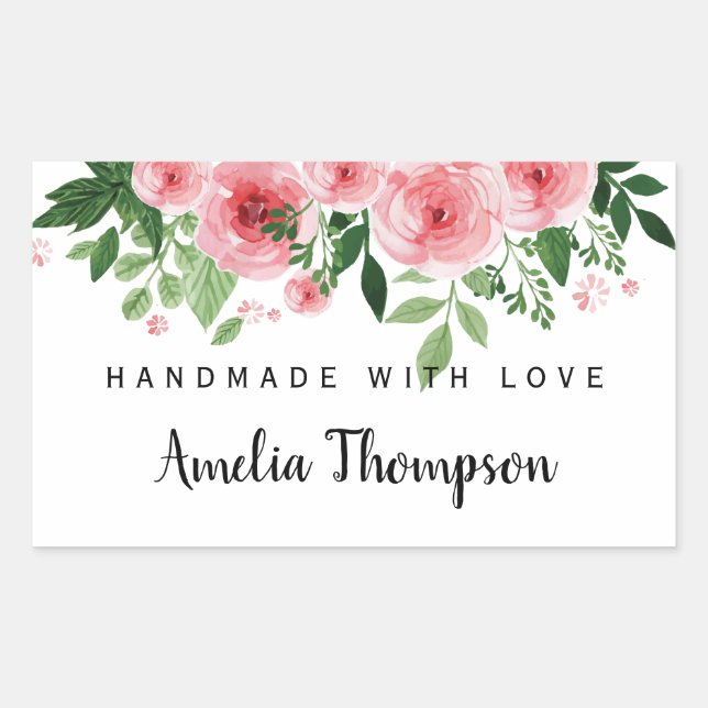 Elegant Floral Personalized Handmade With Love Rectangular Sticker (Front)