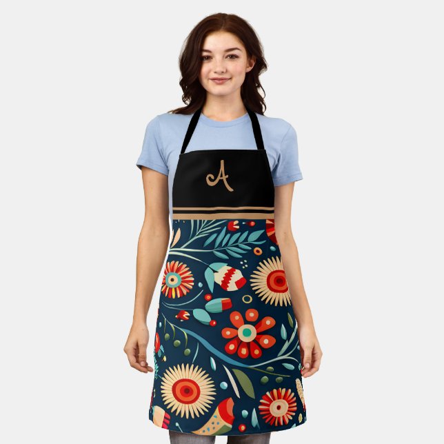 Elegant Floral Personalized Initial Name Apron (Worn)