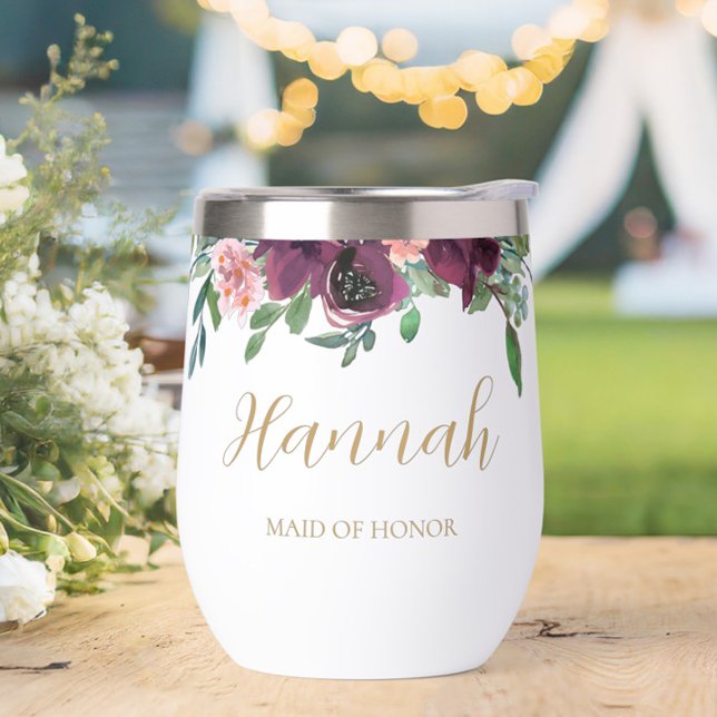 Elegant Floral Personalized Maid of Honor Thermal Wine Tumbler (Personalized Elegant Floral Maid of Honor Wine Tumbler- The perfect gift to say thank you!)