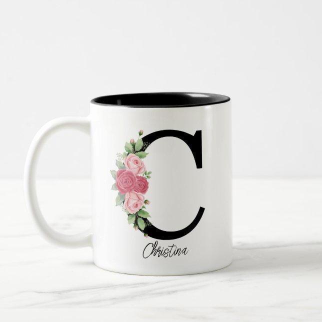 Elegant Floral Personalized Monogram Coffee Mug C (Left)