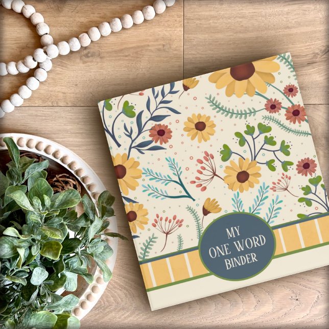 Elegant Floral Personalized Name Yellow One Word 3 Ring Binder (Creator Uploaded)