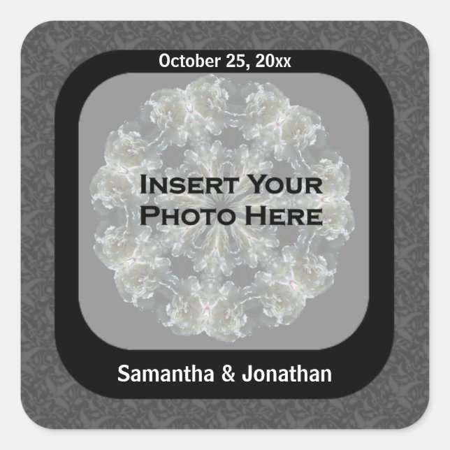 Elegant Floral Personalized Wedding Photo  Square Sticker (Front)