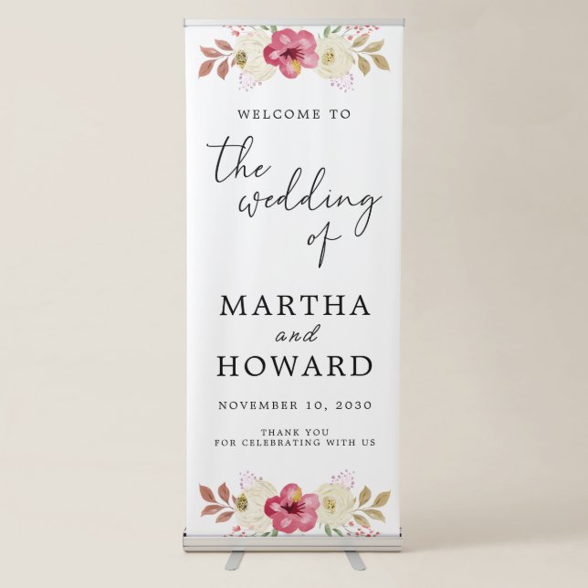 Elegant Floral Personalized Wedding Welcome Retractable Banner (Front)
