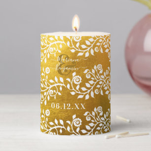 Elegant Floral Personalized White And Gold Wedding Pillar Candle